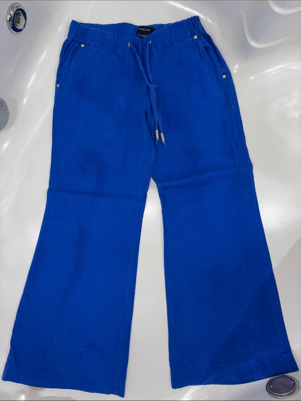 Marciano Women’s Bright Blue Drawstring Linen-Blend Pants